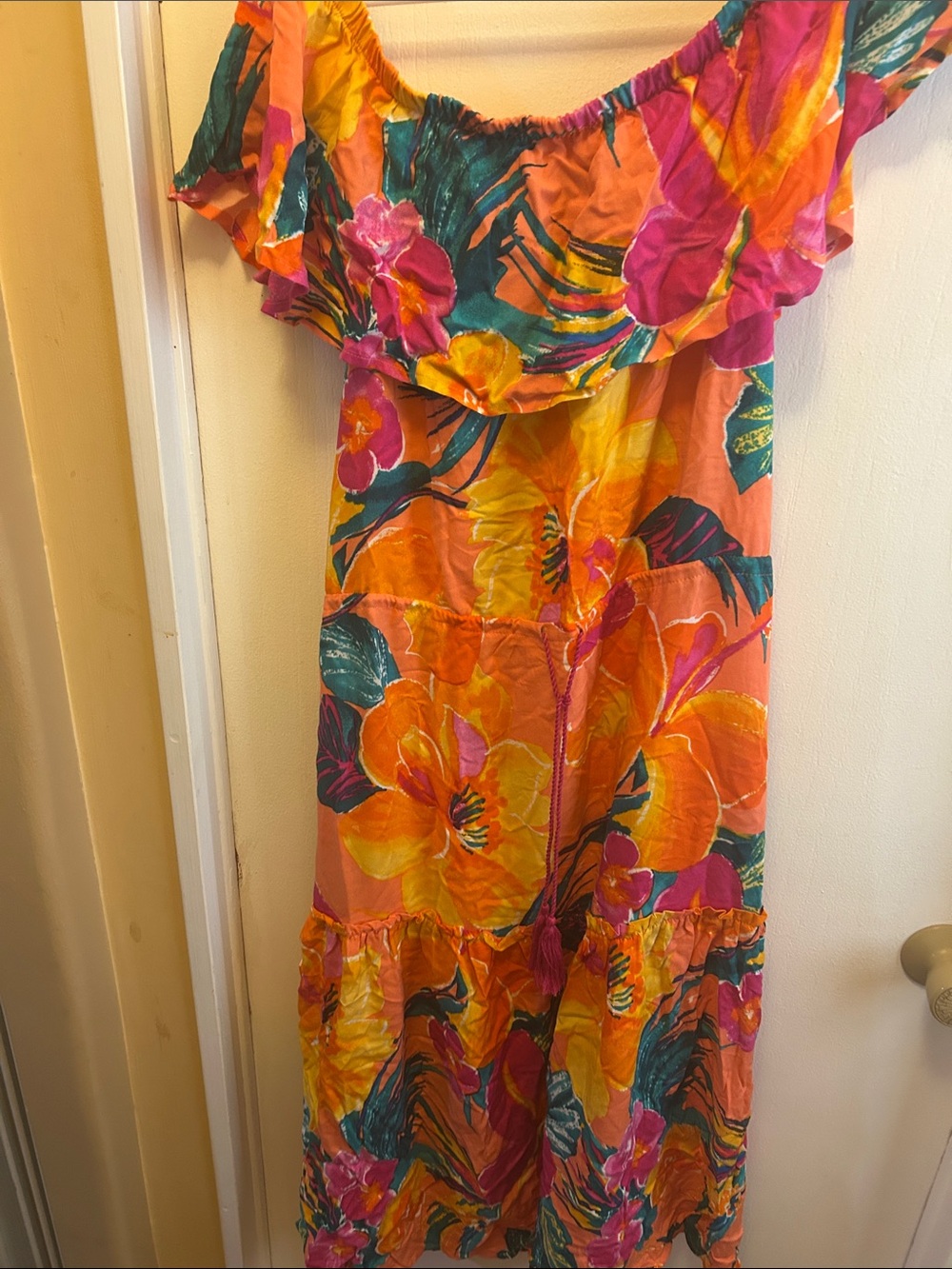 La Blanca Orange Floral Off-Shoulder Midi Dress with Pink & Teal Accents